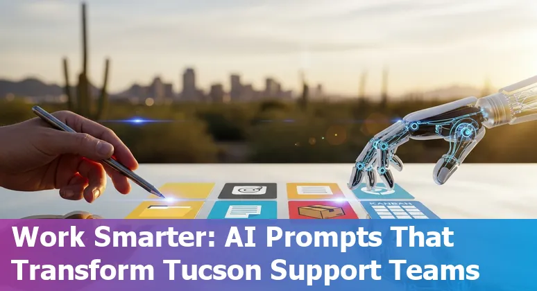 Customer service agent in Tucson using AI prompts on a laptop with a Tucson skyline backdrop.