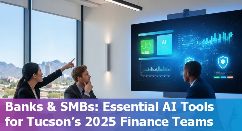 Collage of AI tools logos with a Tucson skyline and finance charts overlay