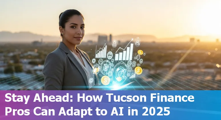 Finance professional using AI tools on a laptop in Tucson, Arizona skyline background, 2025