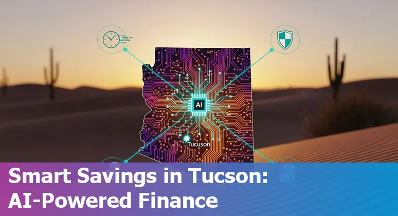 Illustration of AI automating bank workflows in Tucson, Arizona with skyline and financial icons