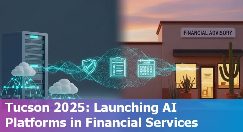 Illustration of AI in financial services with Tucson, Arizona skyline, showing charts and security icons