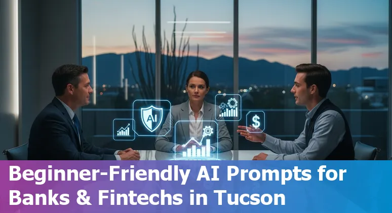 Illustration of AI applications across Tucson financial services: fraud detection, chatbots, treasury, and cybersecurity with a Tucson skyline.