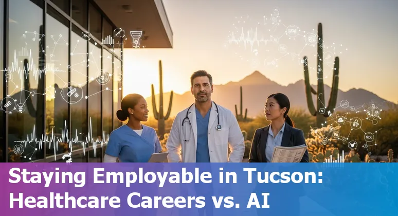 Tucson healthcare workers with AI icons overlay: billing, radiology, pharmacy, reception, and lab.