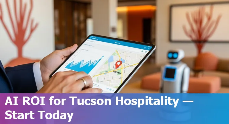Hotel staff using AI tools on a tablet in Tucson, Arizona with Sonoran Desert skyline in background