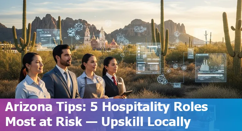 Hotel front desk and Tucson desert skyline illustrating hospitality jobs adapting to AI