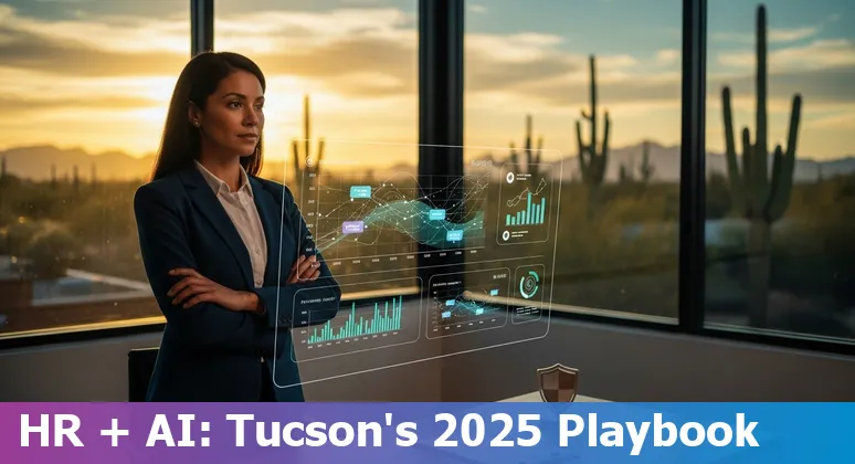 HR professional using AI tools on laptop with Tucson, Arizona skyline in background, 2025