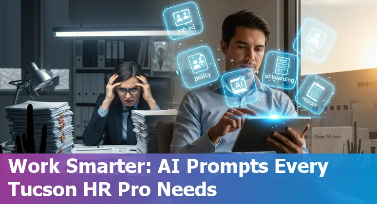 Tucson HR professional using AI prompts on a laptop with Tucson skyline in background