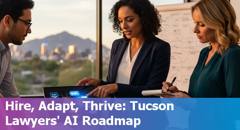 Tucson, Arizona lawyer using AI tools on a laptop with Arizona skyline — AI and legal jobs in Tucson, Arizona