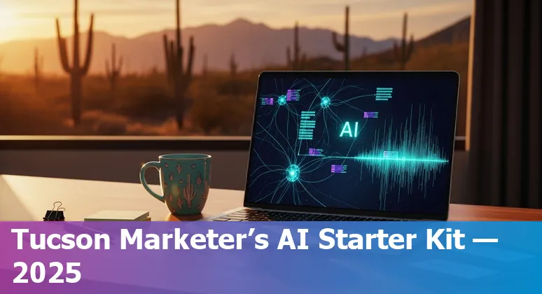 Marketing professional using AI tools in Tucson, Arizona skyline, 2025