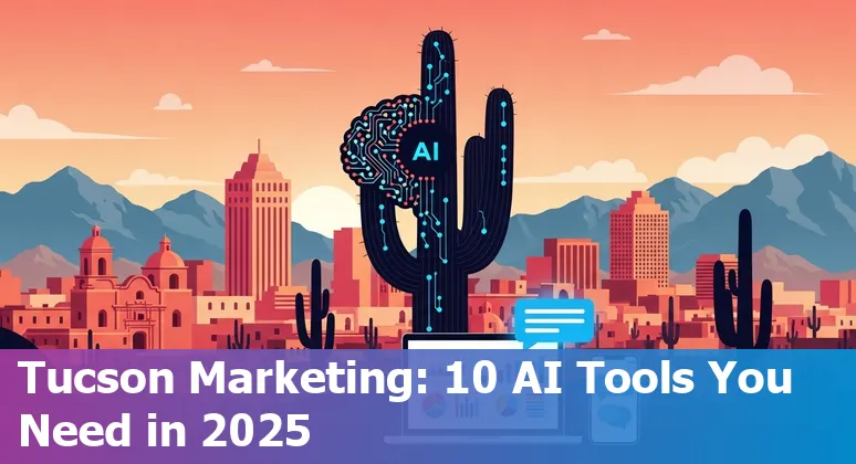 Collage of AI marketing tools logos over a Tucson skyline with saguaro cactus