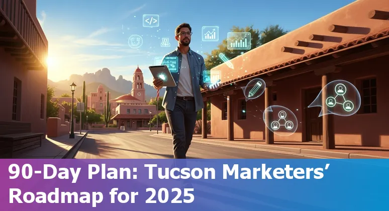 Marketing professional using AI tools on a laptop with Tucson, Arizona skyline visible — learning and upskilling in 2025.