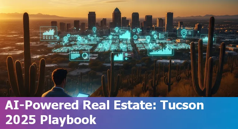 Aerial view of Tucson, Arizona neighborhood with tech icons representing AI tools for real estate.