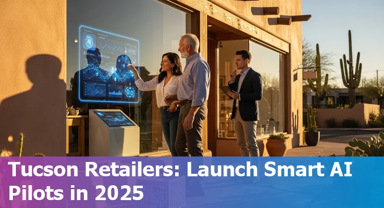 Retail AI in Tucson, Arizona 2025: store with AI-powered screens, shelf cameras, and delivery van with route optimization map