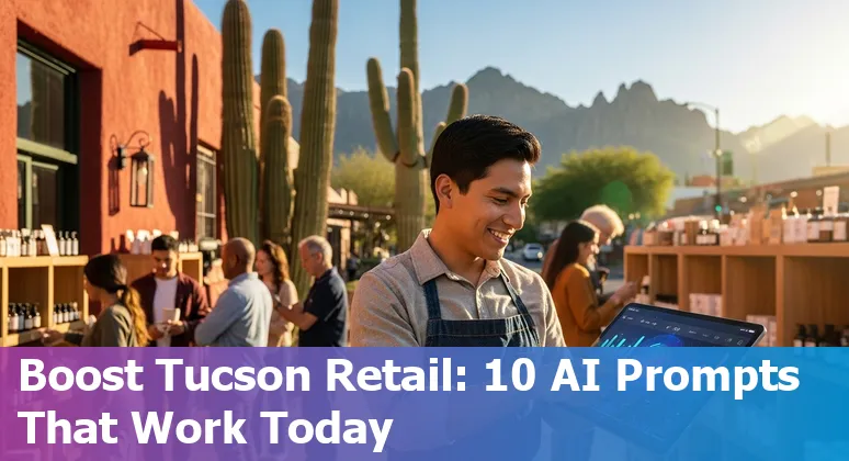 Illustration of Tucson retail storefronts with AI icons for chatbots, inventory, pricing, and delivery.