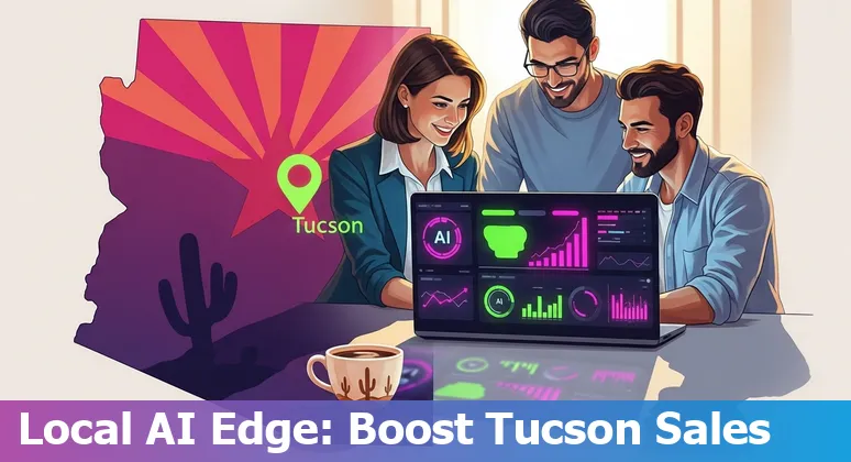 Sales professional in Tucson using AI tools on a laptop with a Tucson skyline background