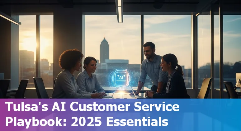 Customer service representative using AI chatbot on laptop in Tulsa, Oklahoma skyline background