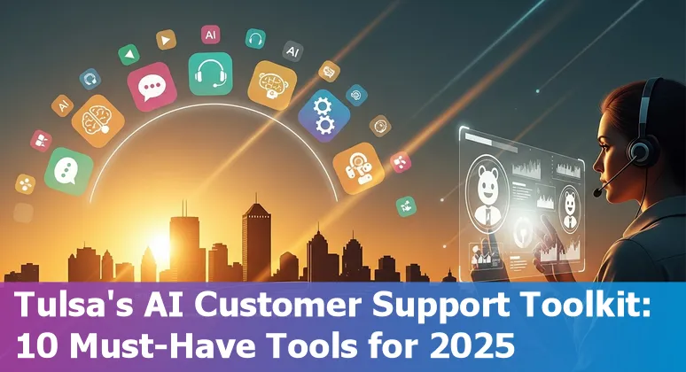 Collage of customer service tools logos and Tulsa skyline representing AI tools for customer support professionals in 2025