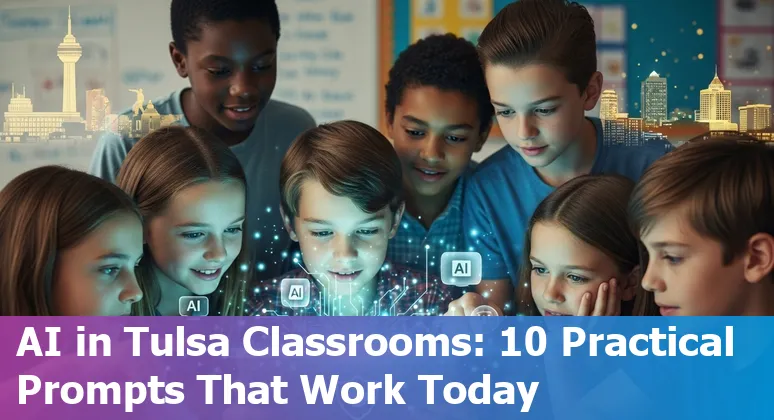 Tulsa classroom with teacher using AI tools on a laptop, showing lesson planning and parent communication templates.