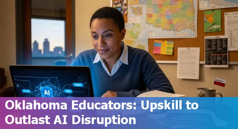Tulsa educator working with AI tools on a laptop in a classroom, with Tulsa skyline in background