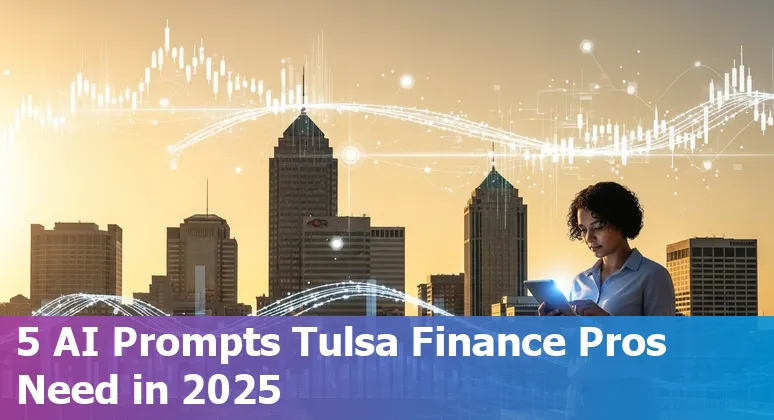 Finance professional using AI prompts on a laptop with Tulsa skyline in background