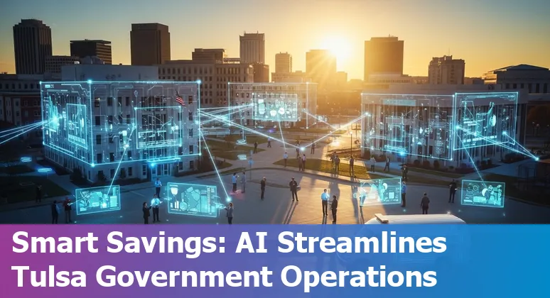 Tulsa, Oklahoma government employees and AI consultants reviewing dashboard showing cost savings and efficiency gains in Oklahoma, US