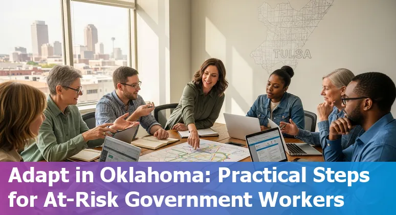 Tulsa skyline with icons for AI, government documents, and correctional facility symbols