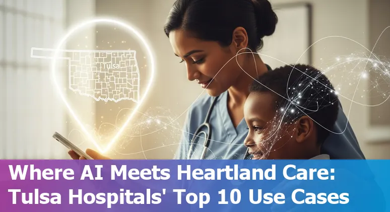Healthcare professionals in Tulsa using AI tools to improve patient care, with local skyline in the background.