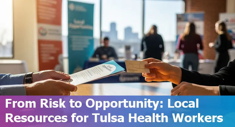Healthcare worker and AI interface overlay showing coding, radiology, lab, and scheduling icons representing jobs at risk in Tulsa