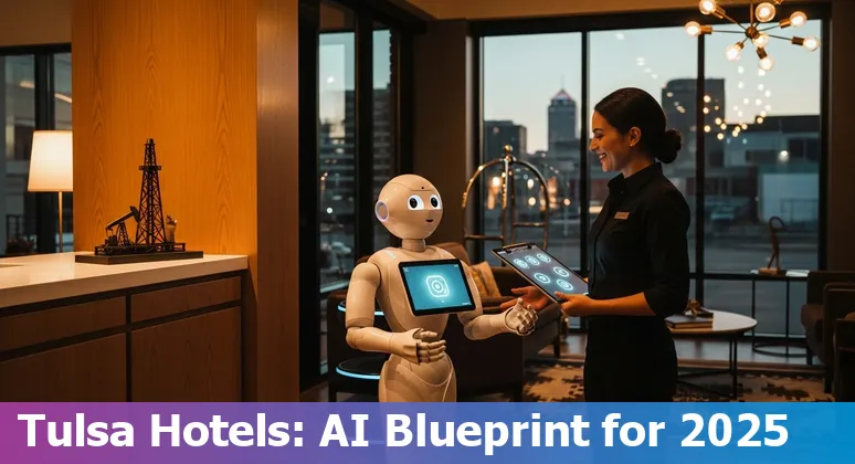 Hotel lobby with digital concierge screen and Tulsa, Oklahoma skyline showing AI-powered hospitality tools