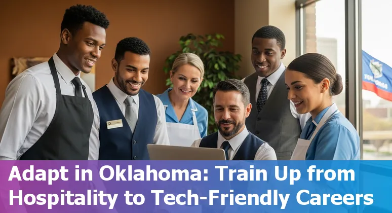 Tulsa hotel front desk with automated kiosk and diverse hospitality staff discussing upskilling