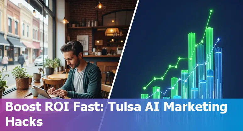 Marketing professional using AI tools in Tulsa, Oklahoma skyline background, 2025