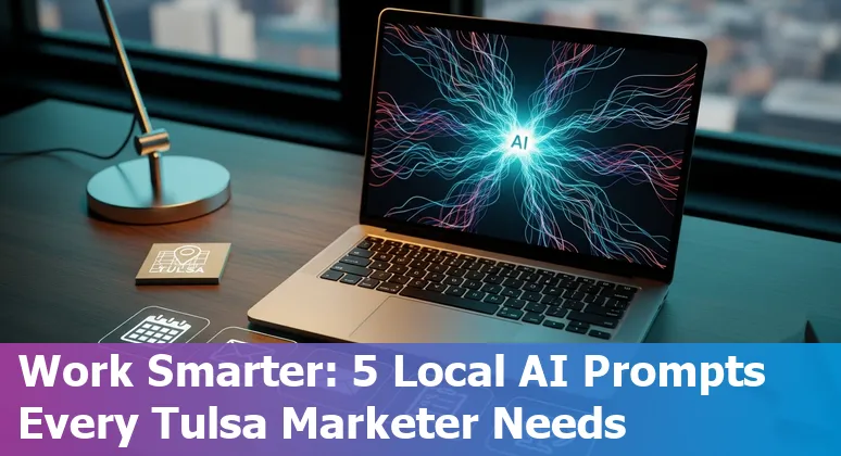 Marketing professional using AI prompts on laptop with Tulsa skyline in background