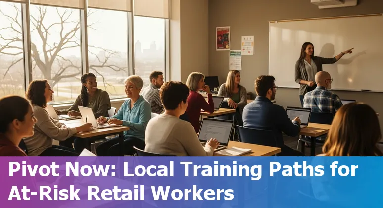 Retail worker using POS terminal with AI icons overlay, Tulsa skyline in background
