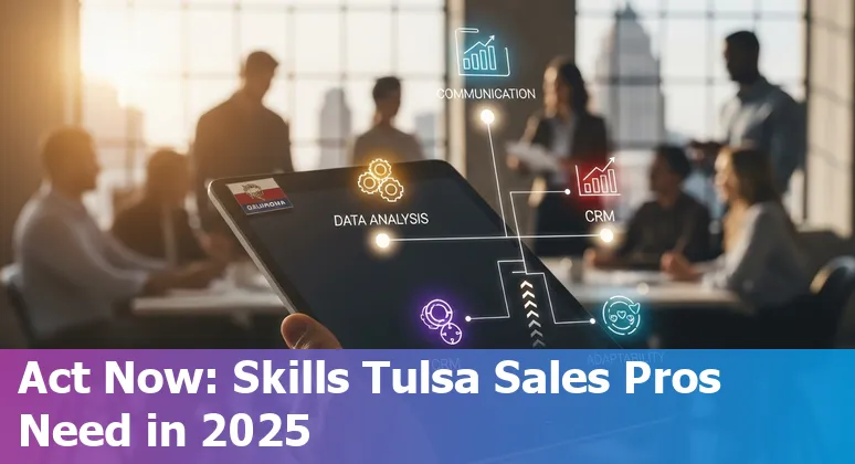A Tulsa, Oklahoma salesperson using AI tools on a laptop with Tulsa skyline in the background
