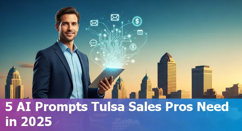 Tulsa sales professional using AI prompts on a laptop with Tulsa skyline in background