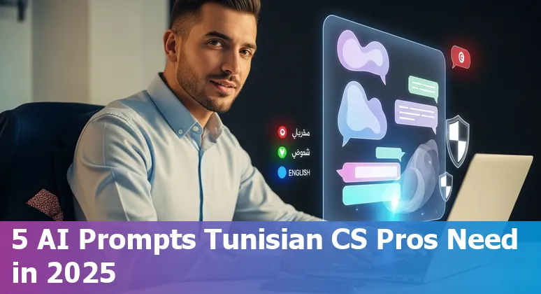 Tunisian customer service agent using AI prompts on laptop with KPI dashboard and Tunisian flag