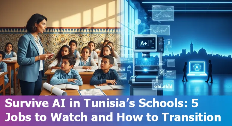 Tunisian educator using laptop with AI icons and Tunisian flag, symbolising education jobs adapting to AI in Tunisia