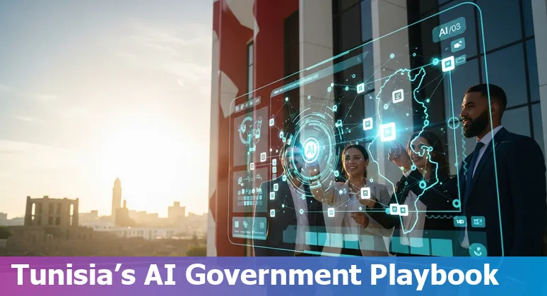 Illustration of AI in Tunisia government 2025 showing Tunis skyline and AI icons for Tunisia