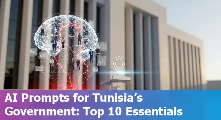 Illustration of Tunisian government services using AI: bilingual virtual assistant, dashboards, and secure infrastructure.