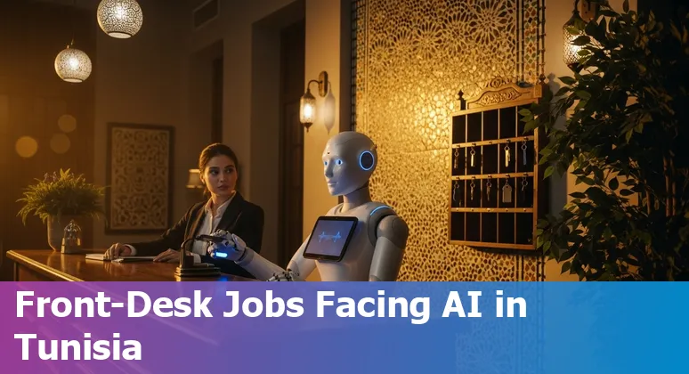 Hotel reception with a digital check-in kiosk and staff training—illustrating AI's impact on Tunisian hospitality jobs.