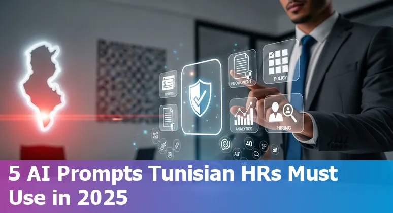 Tunisian HR professional using AI on a laptop, with multilingual documents and analytics charts on screen