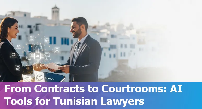 Tunisian legal professional using AI tools in Tunisia 2025 with laptop, legal documents and Tunisian flag