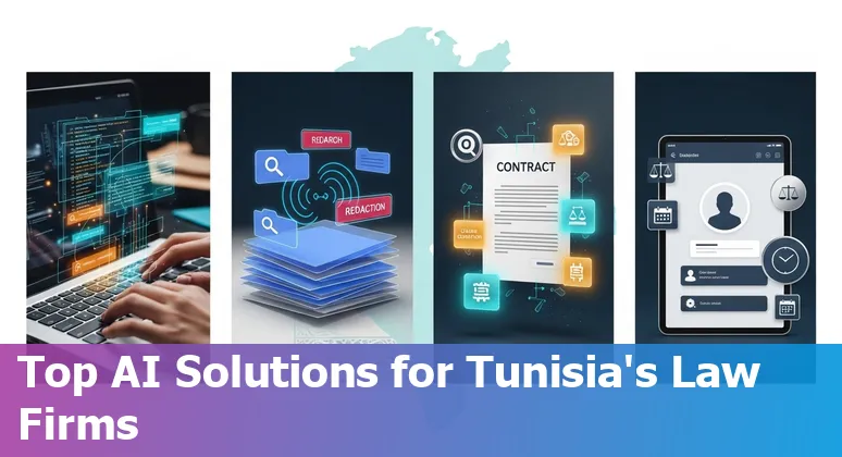 Collage of AI legal tool icons overlaid on a Tunisian courthouse silhouette