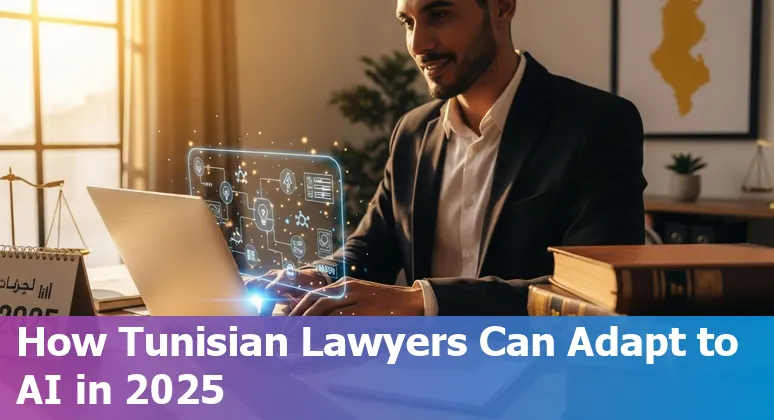 Tunisian lawyer using AI tools on a laptop with Tunisia flag; legal practice in Tunisia, TN