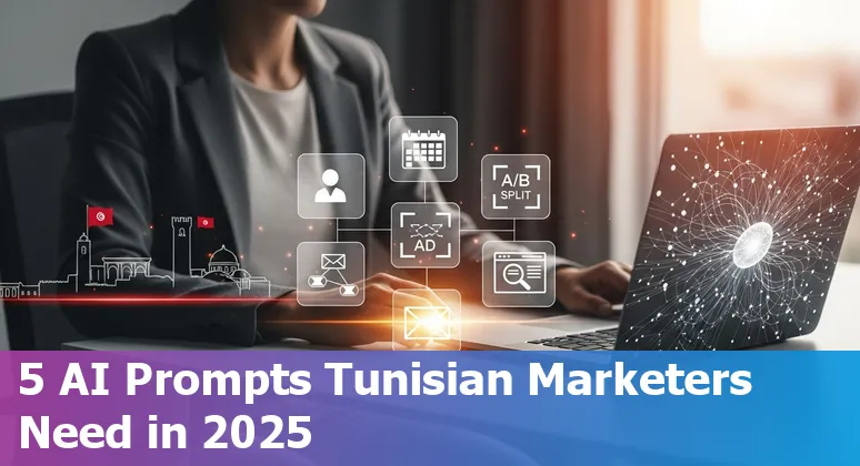 Tunisian marketer using AI prompts on a laptop showing social posts, ads, and analytics dashboard.