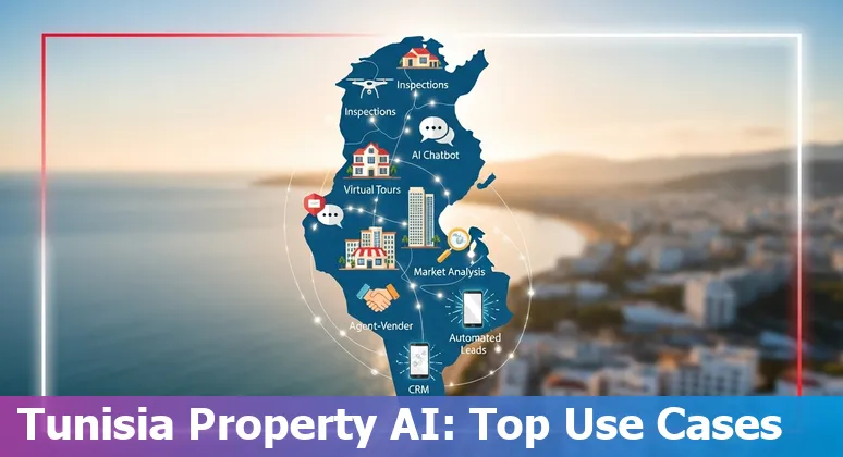Tunis skyline with AI icons, property listings, maps and documents representing AI in real estate.