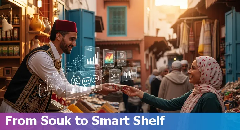 Tunisian retail team using AI tools on a laptop showing Arabic and French product pages