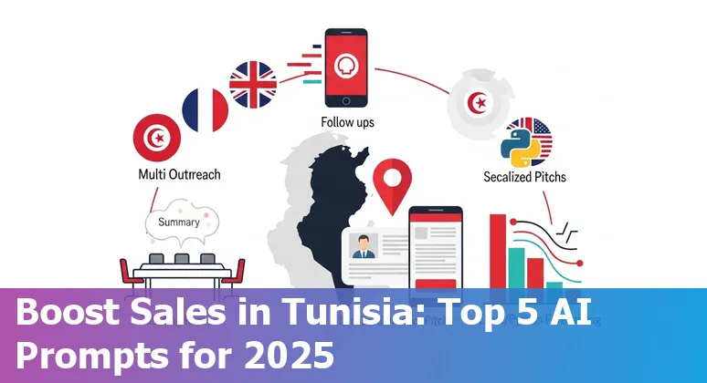 Tunisian sales professional using AI prompts on a laptop with multilingual messages and sales charts