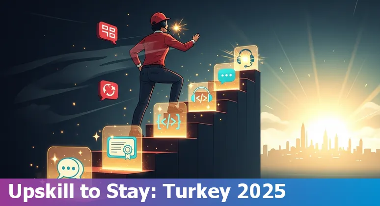 Customer service agent using AI chatbot on laptop in Turkey office, 2025