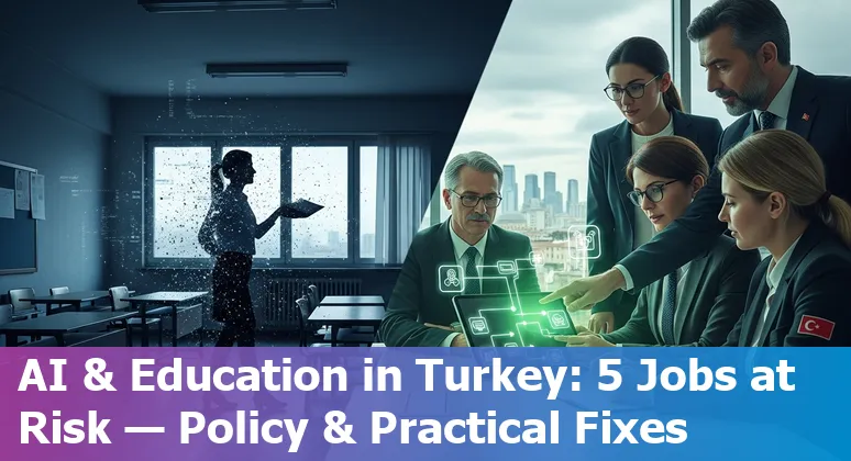 Teacher reviewing AI-generated student work on a laptop in a Turkish classroom
